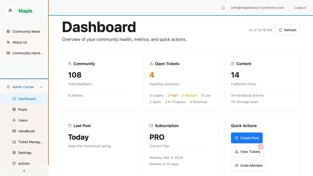 Aldea HQ admin dashboard with community overview, statistics, and management tools