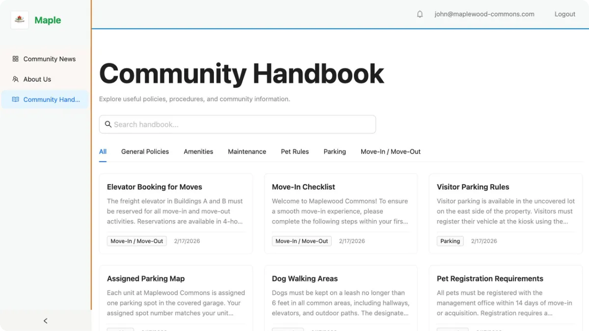 Aldea HQ digital community handbook with organized categories and sidebar navigation