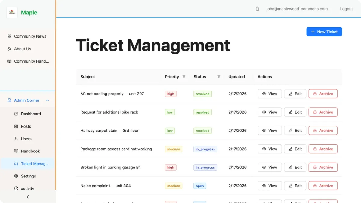Aldea HQ support ticket management dashboard with ticket list and status tracking