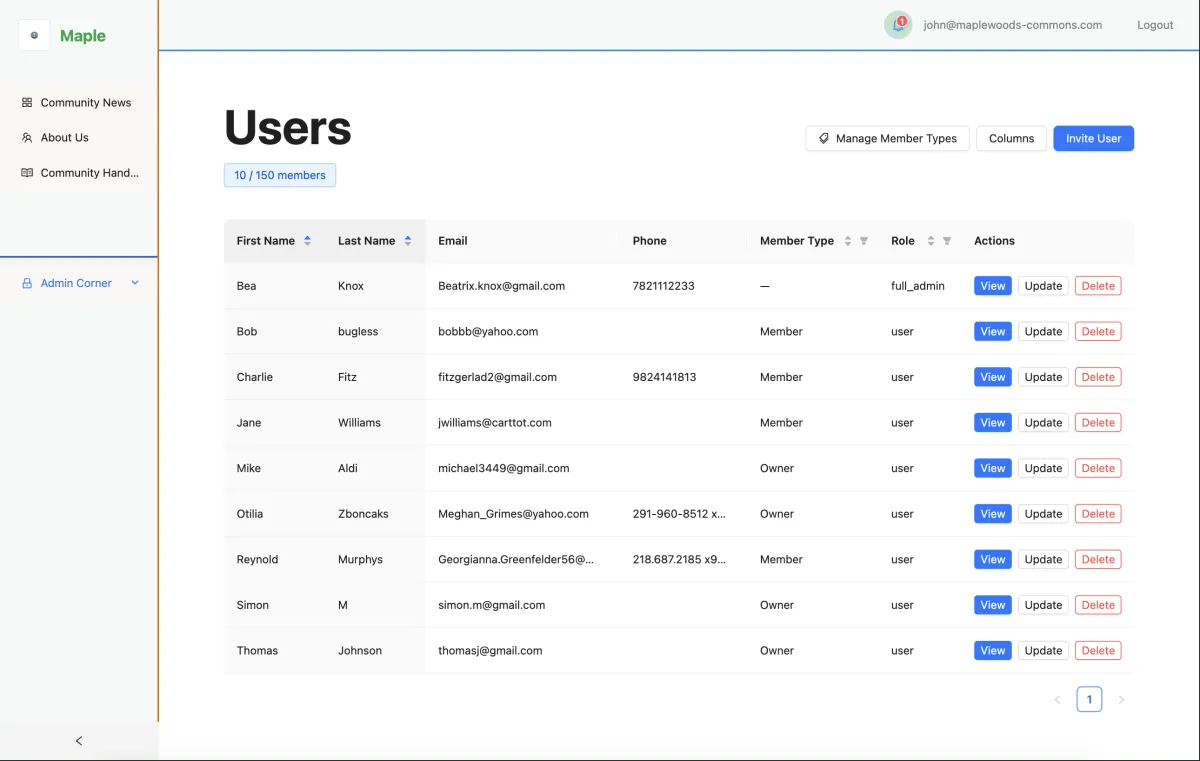 Aldea HQ member management dashboard with member list, roles, and member types