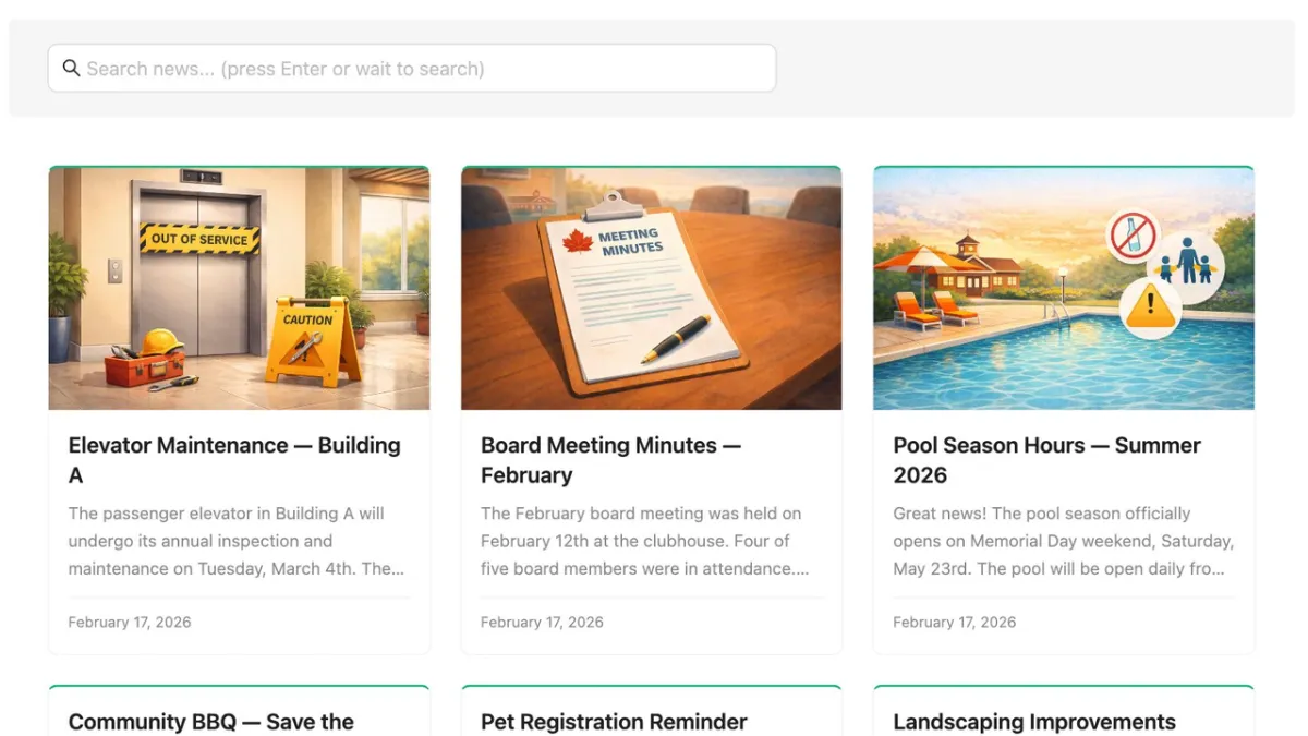 Aldea HQ community news feed with pinned announcements and post cards